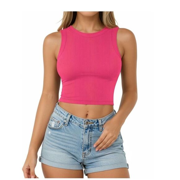 Amazon Tops - CLOZOZ Shirt Womens SZ M Pink Round Neck Ribbed Sleeveless Crop Tank Top